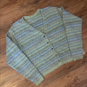 Vintage 90s Sage Textured Knit Cardigan Blue Stripe Art Teacher Granniecore
